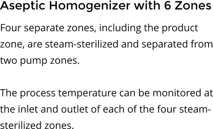 Aseptic Homogenizer with 6 Zones  Four separate zones, including the product zone, are steam-sterilized and separated from two pump zones.  The process temperature can be monitored at the inlet and outlet of each of the four steam-sterilized zones.